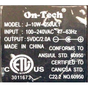 CARGADOR / ADAPTADOR DE FUENTE DE ALIMENTACION ON-TECH  VCA-VCD / NUMERO DE PARTE J-10W-050UL1 / 60950 / 3011673 / ENTRADA VCA 100-240VAC 47-63HZ / SALIDA VCD 5VDC/2.A / MODELO J-10W-050UL1